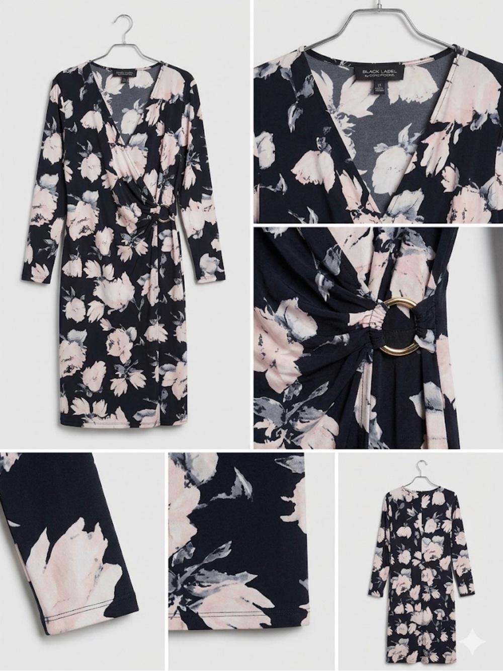 Black Label Navy Floral Wrap Dress with Pale Pink Accents
